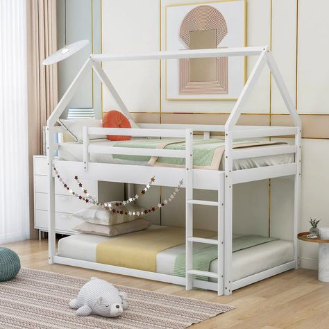 This bunk bed is designed for you. Coming with house-shaped frame, you can create your own private space. You can hang some colorful bulbs on the roof or hang a tent to pretend it's a fortress, you will Bunk Bed House, Twin House Bed, Bed With Ladder, Low Bunk Beds, House Bunk Bed, White Bunk Beds, House Frame Bed, Bunk Bed With Slide, Wood Bunk Beds