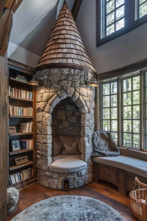 40 Unique Reading Nook Inspiration for Compact Spaces Unique Fun House Ideas, Bed In Bookshelf, Unique Library Room, Creative Library Ideas, Castle Reading Nook, Modern House Interior Designs, Attic Toy Room, Daybed Library Room, Cozy At Home Library