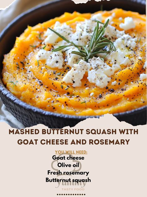 🎃 "Creamy, dreamy, and perfect for fall—Mashed Butternut Squash with Goat Cheese and Rosemary!" 🧀🍂 #ComfortFood #FallFlavors Mashed Butternut Squash with Goat Cheese and Rosemary Ingredients: Butternut squash, peeled and cubed (4 cups) Olive oil (2 tbsp) Goat cheese, crumbled (½ cup) Fresh rosemary, chopped (1 tsp) Butter (2 tbsp) Salt (to taste) Black pepper (to taste) Instructions: Preheat oven to 400°F (200°C). Toss squash cubes with olive oil, salt, and pepper. Spread squash on a baki... Butternut Squash With Goat Cheese, Mashed Butternut Squash, Goat Cheese Recipes, Hand Pies, Fresh Rosemary, Thanksgiving Table, Cheese Recipes, Goat Cheese, Butternut Squash