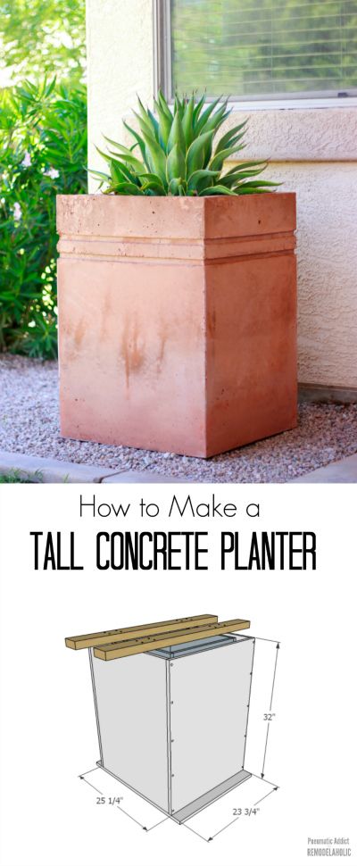 Rather than spending big bucks on a premade tall concrete planter, build this one this weekend and save some cash while creating just the size you need. Dyed concrete gives the planter a beautiful custom look! Cement Painting, Large Concrete Planters, Cement Projects, Decoration Beton, Container Planting, Diy Concrete Planters, Concrete Ideas, Areas Verdes, Concrete Planter