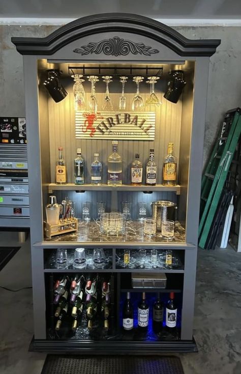 Repurposed Armoire Ideas Mini Bars, Homemade Bar Cabinet, Armoire Converted To Bar, Diy Liquor Bar Ideas For Home, Armoire Bar Ideas, Dresser Made Into Bar, Liquor Station Ideas, Turning A Dresser Into A Bar, Old Stereo Cabinet Into Bar