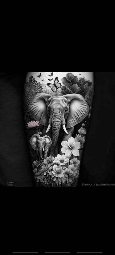 Elephant With Bird Tattoo, Elephant Arm Sleeve Tattoo, Elephant Clock Tattoo, Tree Of Life Elephant Tattoo, Elephant Memorial Tattoo Mom, Safari Sleeve Tattoo Women, Safari Tattoo Sleeve Women, Elephant And Flowers Tattoo Design, Elephant Cover Up Tattoos