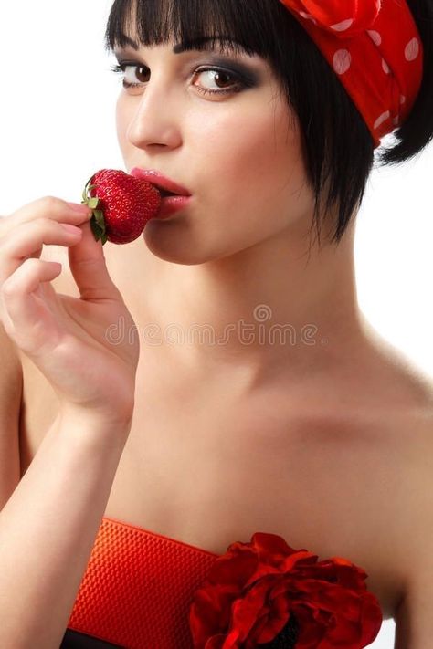 Holding Strawberry Reference, Strawberry Reference Photo, Eating Strawberry Pose, Woman Eating Strawberry, Holding Strawberry, Stock Photos Woman, Figure Reference, People Poses, Portfolio Ideas