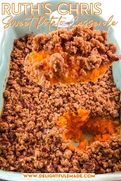 Copycat Ruth's Chris Sweet Potato Casserole | Delightful E Made Ruth Chris Copycat Sweet Potato Casserole, Ruths Chris Sweet Potato, Ruth Chris Sweet Potato Casserole, Ruth Chris Sweet Potato, Sweet Potato Casserole With Pecans, Ruths Chris, Ruths Chris Sweet Potato Casserole, Potato Recipes Casserole, Parmesan Mashed Potatoes