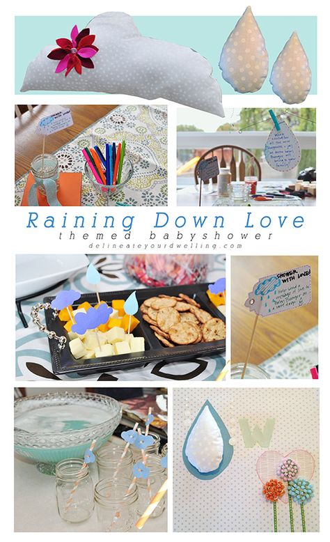 Raining Down Love themed Baby Shower Rain Shower Decorations Party Ideas, Rain Themed Baby Shower Ideas, Baby Shower Rain Theme, Party Tips, Love Baby, Vintage Glam, Baby Shower Planning, Top Pins, Diy Home Crafts