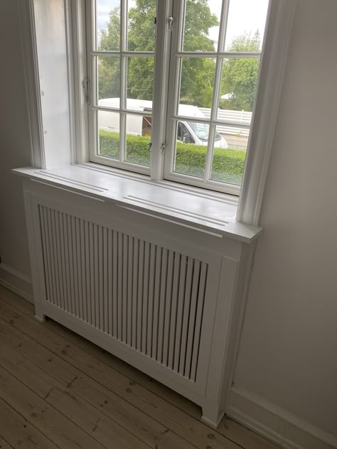 Window With Radiator Underneath, Radiator Cover Under Window, Bedroom Radiators, Corner Shelf Design, Home Radiators, Fireplace Built Ins, Dining Room Hutch, Interiors Dream, Radiator Cover