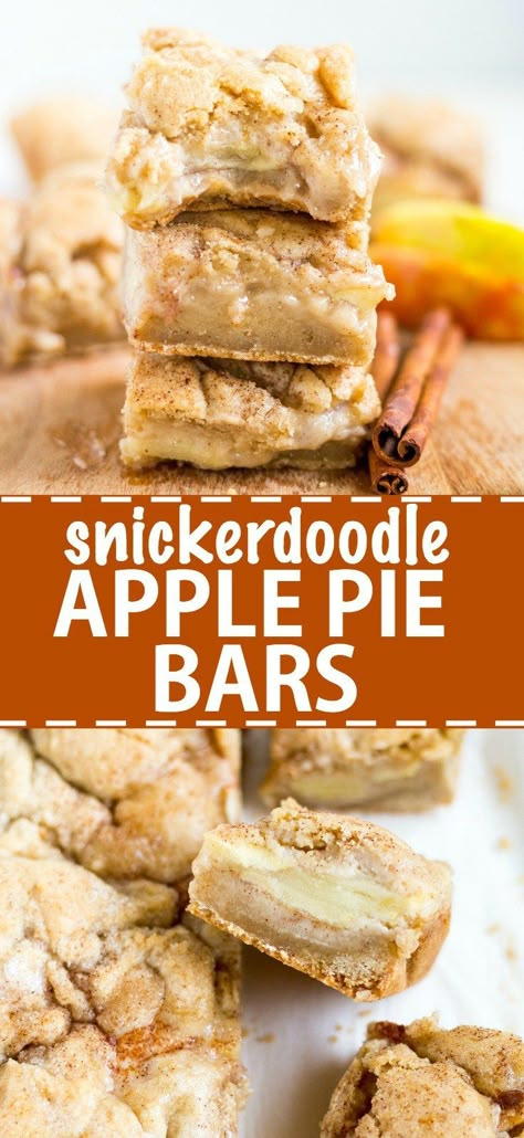 Sweet and gooey snickerdoodle apple pie bars are the perfect fall dessert. The base layer is a snickerdoodle bar topped with cinnamon-spice apple pie filling and topped with more snickerdoodle. It's delicious served warm with ice cream! Snickerdoodle Bar, Snickerdoodle Apple Pie, Best Fall Desserts, Snickerdoodle Bars, Dessert Halloween, Apple Pie Bars, Diy Easy Recipes, Fall Desserts Easy, Dessert Simple