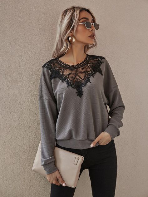 Contrast Lace Drop Shoulder Sweatshirt | SHEIN USA Drop Shoulder Blouse, Tops Shein, Drop Shoulder Sweatshirt, Y2k Skirts, Lace Neck, Women Sweatshirts, Dropped Shoulder Sweatshirt, Preppy Casual, Boutique Tops