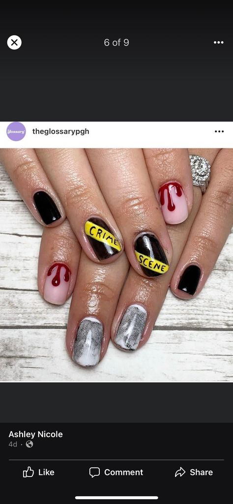 Halloween Prisoner Nails, Cop Nails Designs, Police Inspired Nails, Caution Tape Nails, Cop Nails, Police Nails Designs, Police Nails, Homemade Nails, Halloween Cop