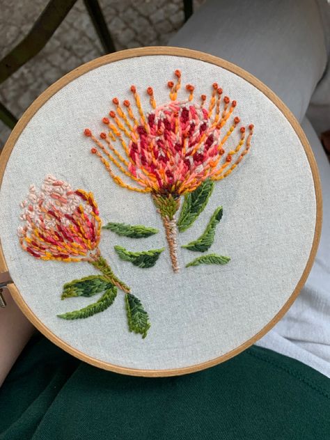 Protea Embroidery, Textile Portfolio, Freestyle Embroidery, Colour Shade Card, Protea Flower, Fabric Embellishment, Australian Flora, Basic Embroidery Stitches, Flowers Embroidery