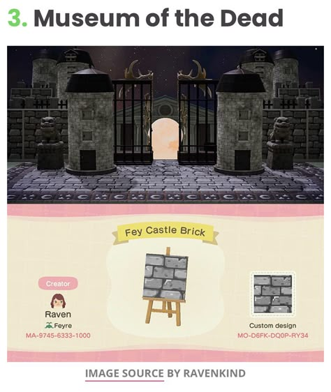 Spooky Museum Animal Crossing, Animal Crossing Ghost Design, Acnh Spooky Entrance Designs, Medieval Acnh Code, Acnh Spooky Space Fillers, Acnh Graveyard Codes, Acnh Goth Museum, Acnh Gothic Island Layout, Acnh Spooky Museum