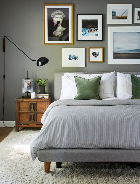 Escape Gray SW 6185 by Sherwin-Williams Escape Gray, Popular Wall Colors, Small Modern Bedroom, Cozy Farmhouse Bedroom, Custom Drapery Panels, Brighten Room, Monochrome Bedroom, Modern Farmhouse Bedroom, Teal Walls