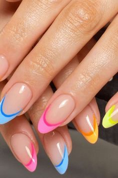 Color With French Tip Nails, Double French Color Nails, Double Layered French Tip Nails, Diff Color French Tip Nails, Colorblock French Nails, Nail French Colorful, Dual Color French Tip Nails, Nails With Just The Tips Painted, Cute French Manicure Nails