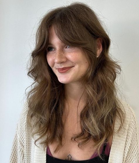 Long Shaggy Cut with Curtain Bangs for Wavy Hair Shag Haircut Wavy Thick Hair, Textured Layers Long Hair Curtain Bangs, Haircuts For Slightly Curly Hair, Layers With Natural Wavy Hair, Shaggy Haircut Curtain Bangs, Thick Wavy Shag Haircut, Long Hair Shag Curtain Bangs, Wavy Hair Shaggy Haircut, Wavy Hairstyles Curtain Bangs