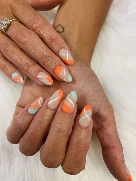 Almond Nails For Beach, Nail Ideas Two Colors, Birthday Summer Nails Almond, Mail Inspo Design, Almond Nails Designs Preppy, Short Almond Acrylic Nails Orange, Beach Acrylic Nails Coffin, Simple Nail Designs Beach, Cute Abstract Nail Designs