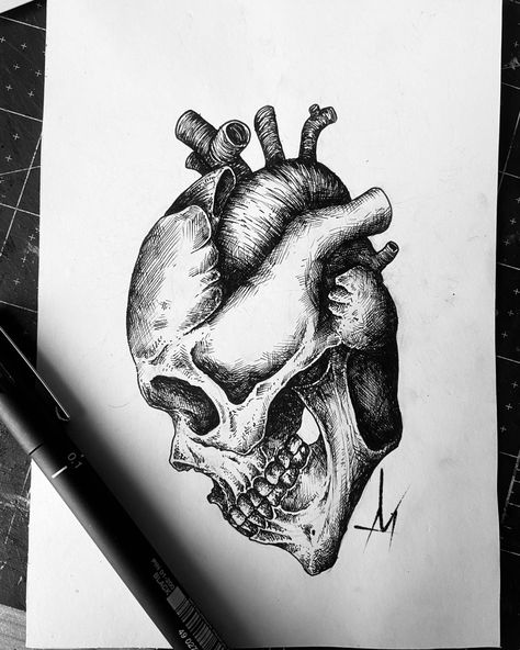 Just a ink drawing of a heart and skull Pencil Art Drawings Skull, Heart And Skull Drawing, Half Skull Half Brain Drawing, Skull Heart Drawing, Skull Ink Drawing, Brain And Heart Drawing, Skull And Heart Tattoo, Skull Pen Drawing, Skull Design Drawing