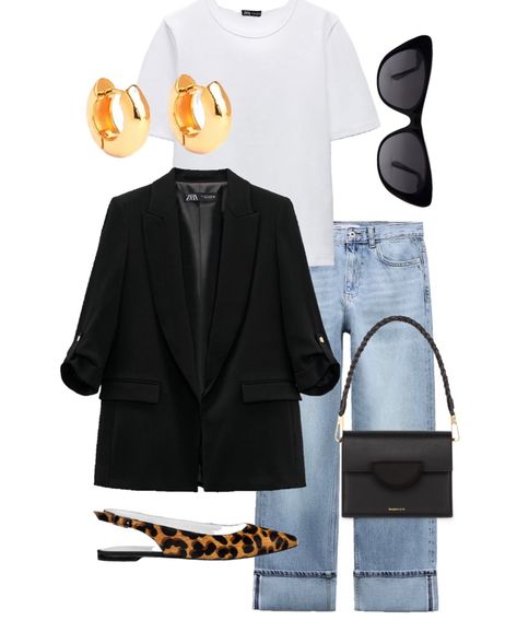 Blazer And Jeans Outfit Women Work, Blazer With Boyfriend Jeans, Black Casual Formal Outfit, Outfit With Black Blazer For Women, Minimalist Clothing Style Women, Black Jeans Work Outfit Office Style, Melbourne Summer Outfit, Leopard Print Shoes Outfit Work, Light Beige Blazer Outfit