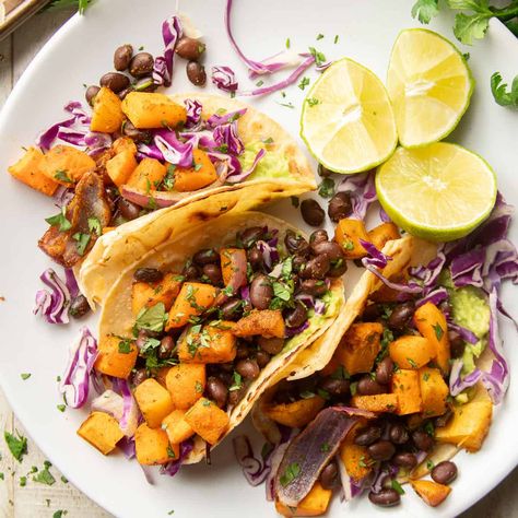 Butternut Squash Tacos Squash Tacos, Butternut Squash Tacos, Avocado Mash, Healthy Vegan Dinner Recipes, Vegan Entrees, Healthy Vegan Dinner, Vegan Dinner Recipes Easy, Vegan Mexican Recipes, Vegetarian Meal Plan