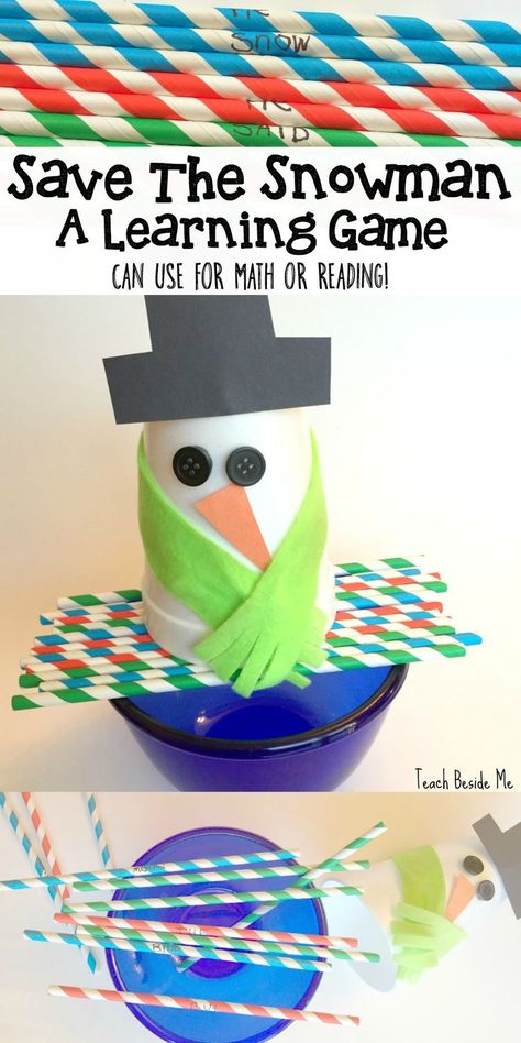 Save the Snowman- a Winter learning game for any subject (math, reading, ABC). Balance on the straws and pull each straw out one at a time.  via @karyntripp Snowman Games, School Party Games, Steam Kids, Snowmen Activities, Snow Theme, Winter Classroom, Winter Kindergarten, Winter Activities For Kids, Winter Schnee