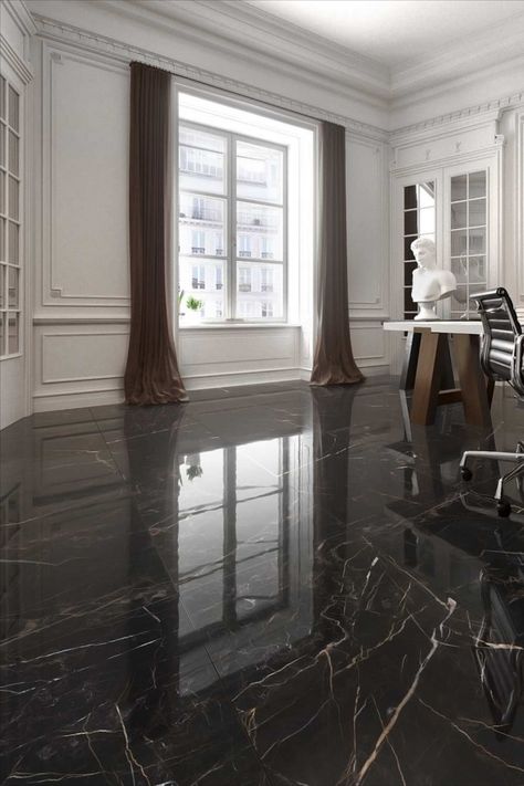 Black Marble Floor Living Room, Black Floor Ideas, Black Marble Floor Tile, Dark Marble Floor, Black Marble Bedroom, Black Marble Living Room, Marble Floor Living Room, Marble Floor Design, Grey Flooring Living Room