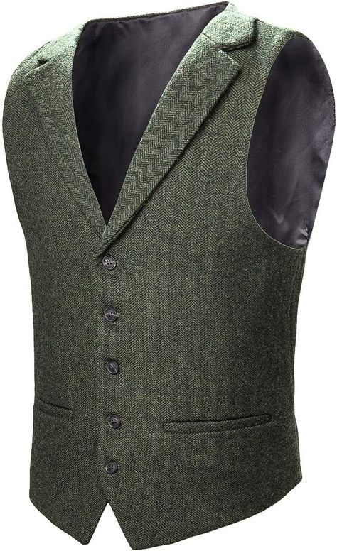 VOBOOM Mens Herringbone Tailored Collar Waistcoat Fullback Wool Tweed Suit Vest (Army Green, Large) at Amazon Men’s Clothing store Mens Dress Vests, 1920s Mens Fashion, Tweed Waistcoat, Mens Waistcoat, Tweed Vest, Waistcoat Men, Tweed Suit, Mens Suit Vest, Vest Designs