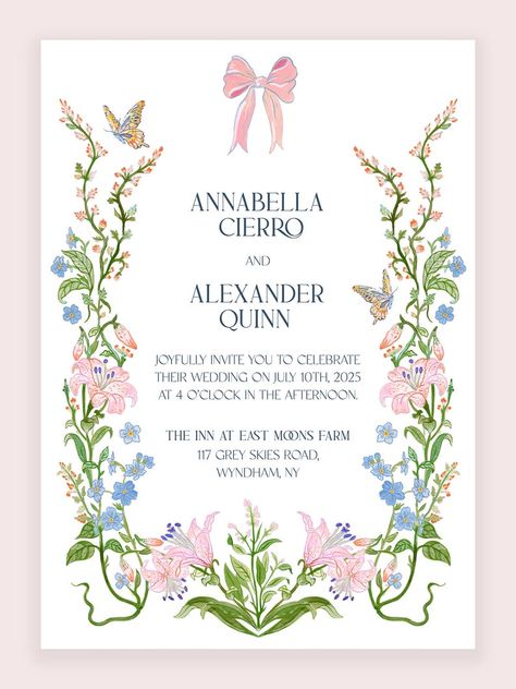 Personalize this garden party-inspired wedding invitation and itinerary with your unique details. This wedding invitation features a hand-painted illustration, resulting in a charming design adorned with wildflowers, butterflies, and other floral motifs. This particular design has a green color palette with pops of yellow, pink, and lavender. Garden Wedding Color Palette, Wedding Invitations Flowers, Seaside Wedding Invitations, Garden Party Wedding Invitations, Painted Wedding Invitation, Garden Party Invitations, Green Color Palette, Painted Illustration, Garden Wedding Invitations