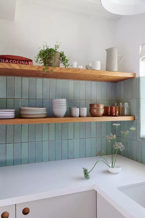 Kitchen With Upper Cabinets, Hexagon Tile Kitchen Floor, Hexagon Tile Kitchen, Green Tile Backsplash, Backsplash Inspiration, White Wash Walls, Washing Walls, Brick Backsplash, Fireclay Tile