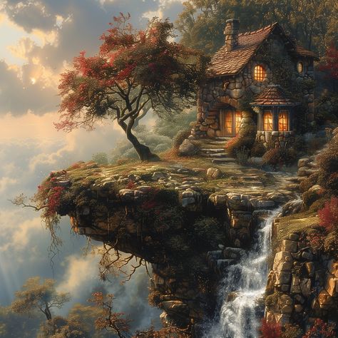 Beautiful fantasy cottage near a waterfall, at the top of a precarious cliff. Cozy Fantasy House, Magical Environment, Fantasy Apartment, House Near Waterfall, Bathhouse Fantasy Art, Fantasy Cottage Art, Cave Home Fantasy Art, Fantasy Cottage Interior, Fantasy Forest House Concept Art