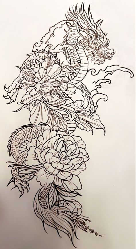 Peonies Sleeve Tattoos For Women, Japanese Dragon And Flowers Tattoo, Dragon And Flower Tattoo Design, Chrysanthemum And Dragon Tattoo, Japanese Tattoo Templates, Dragon With Peonies Tattoo, Dragon In Flowers Tattoo, Rib Cage Dragon Tattoo, Gothic Peony Tattoo