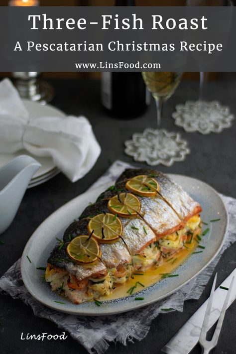 Three-fish roast recipe, a great centrepiece for a Pescatarian Christmas. Two salmon sides filled with smoked haddock and prawns (shrimp). #pescatrianrecipes, #christmasrecipes, #thanksgivingrecipes, #linsfoo Pescatarian Christmas, Tomato Based Curry, Salmon Sides, Seafood Cravings, Christmas Fish, Smoked Haddock, Stuffed Fish, Masterchef Recipes, Comfort Recipes