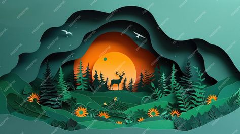 Premium Photo | Paper cut art Green forest and deers wildlife with nature background ecology and environment conservation concept Paper Cut Forest, Environment Conservation, Art Deco Logo, Paper Landscape, Jungle Illustration, Paper Cutout Art, Paper Cutouts, Stage Set Design, Birthday Art