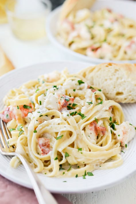 Garlicky Lobster Fettuccine Alfredo - Simply Scratch Lobster Fettucine Alfredo, Lobster Alfredo Pasta, Red Lobster Shrimp Alfredo, Lobster Fettucine, Seafood Alfredo Pasta, Lobster Alfredo Recipe, Seafood Fettuccine Alfredo, Lobster Meals, Lobster Alfredo