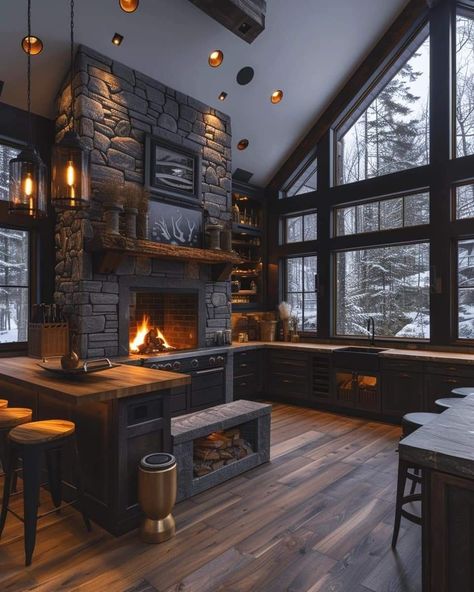 Black And Cedar House Interior, Dark House Aesthetic Interior, Dark Country House, Dream House Dark, Dark House Colors, Dark Rustic Home Decor, Dark Wood Cabin, Dark Rustic Home, Modern Lake House Interior