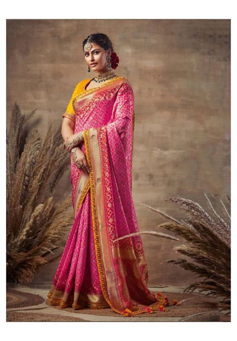 Rani Pink Bandhani Silk Saree with Embroidered Blouse Teej Festival Outfits, Indian Wedding Party, Teej Festival, Festival Outfits Women, Silk Stockings, Wedding Saree Indian, Bandhani Saree, Wear Saree, Chiffon Saree