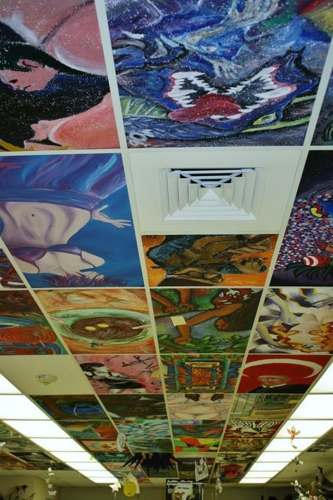 Personalize your classroom by painting the ceiling tiles -- but only if your school permits it! Ceiling Tile Art, Murals School, Ceiling Tiles Art, Painting The Ceiling, Classe D'art, Classroom Decor High School, Art Classroom Decor, Ceiling Murals, Ceiling Art