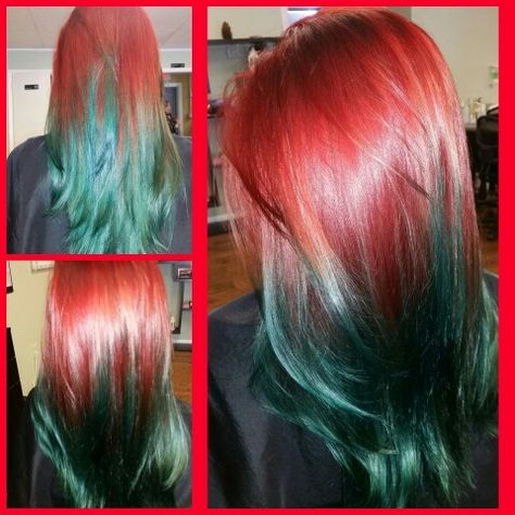 Red to joico peacock green ombré Red And Teal Hair, Green And Red Hair, Red Green Hair, Green Hair Ombre, Red And Green Hair, Christmas Hair Color Ideas, Natural Hair Flat Twist, Emerald Hair, Olive Hair