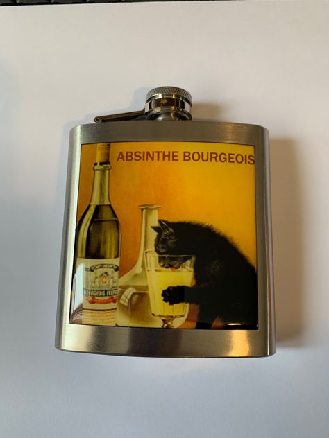 "Makes an awesome gift or a treasured keeper. This is a brand new stainless steel liquor hip flask. It holds 6 ounces of fluid. It comes boxed. The size is approximately 3 3/4\" wide by 4 1/2\" high to the cap by 1\" thick with a curve. Fits perfect in your pocket. All of my flasks are HAND inspected for leaks, rust, residue, dents and other imperfections. I reject 1/2 of all flasks before making them. The process I use isn't found anywhere else. Not wrapped, not vinyl, not paper cloth or Mod Po Diy Crafts To Do, Hip Flask, Absinthe, My Vibe, Flask, Liquor, Black Cat, Mood Board, Rust