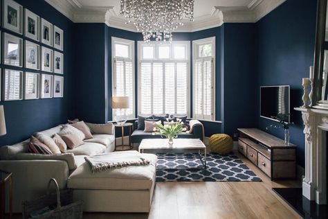 Sitting room painted in F&B Stiffkey Blue - Rock My Style | UK Daily Lifestyle Blog Blue Sitting Room, Victorian Villa, Dark Blue Living Room, Navy Living Rooms, Victorian Living Room, Minimalist Living Room Decor, Dark Living Rooms, Blue Living Room Decor, Blue Living Room