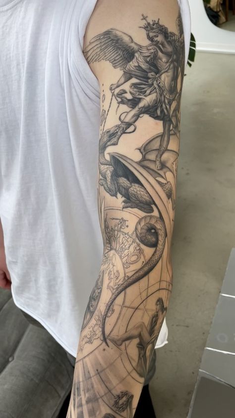 Another angle of Kyle’s full sleeve tattoo, officially finished! #tattoo | Instagram Otter Tattoos, Oscar Akermo, Icarus Tattoo, Mens Body Tattoos, Crazy Tattoos, Flying Tattoo, Nerd Tattoo, Clock Tattoo Design, Tattoo Instagram