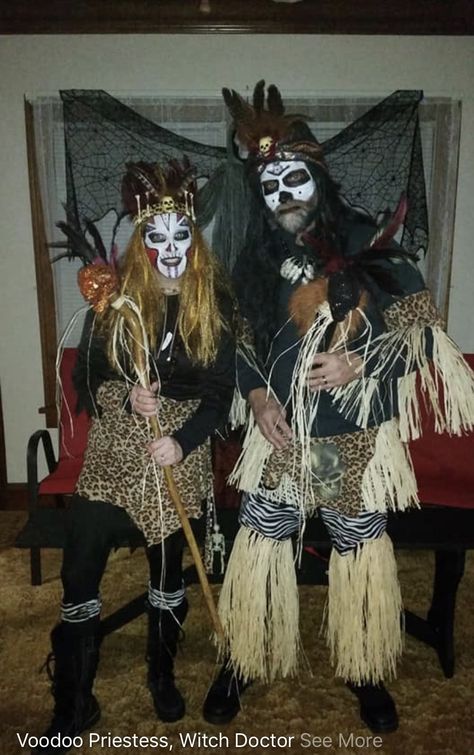 Witch Doctor Costume Female Diy, Diy Voodoo Priestess Costume, Voodoo Witch Doctor Costume, Voodoo Priestess Costume, Witch Doctor Costume, Priestess Costume, Voodoo Party, Black Witch Dress, Voodoo Costume