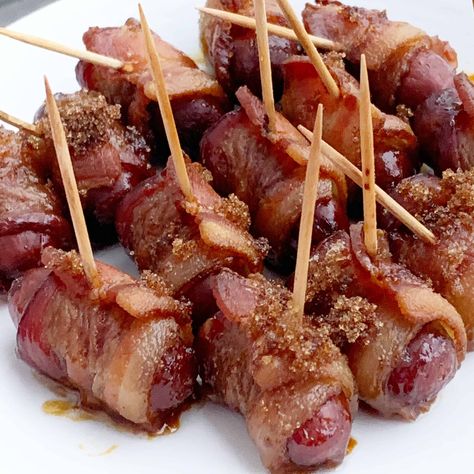 Bacon Wrapped Mini Weenies, Bacon Wrapped Hotdogs In Oven, Weenies And Martinis Party, Weenies And Tinis Party Ideas, Weenies And Tinis Party, Little Smokies Wrapped In Bacon, Bacon Wrapped Weenies, Bacon Crockpot, Crockpot Little Smokies