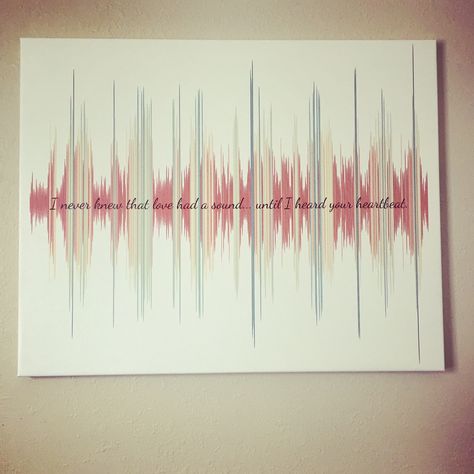 My husband made this for me as a surprise. It's a canvas of our baby's actual heartbeat the first time we heard it.  Here is how he did it:  I uploaded the recording of the heartbeat to a website called soundviz, and on there once you can make your picture of the sound wave and they will sell it to you for $30 (as a PDF). Then I had the image made into a canvas from a different website, I think there's a bunch of places to do that (places like shutterfly possibly). Hope that is helpful! Tattoo Heart Beat, Children Tattoos For Moms, Children Tattoos, Cuadros Diy, Tattoos For Moms, Baby Heart, Baby Heartbeat, Tattoo Heart, Sound Wave