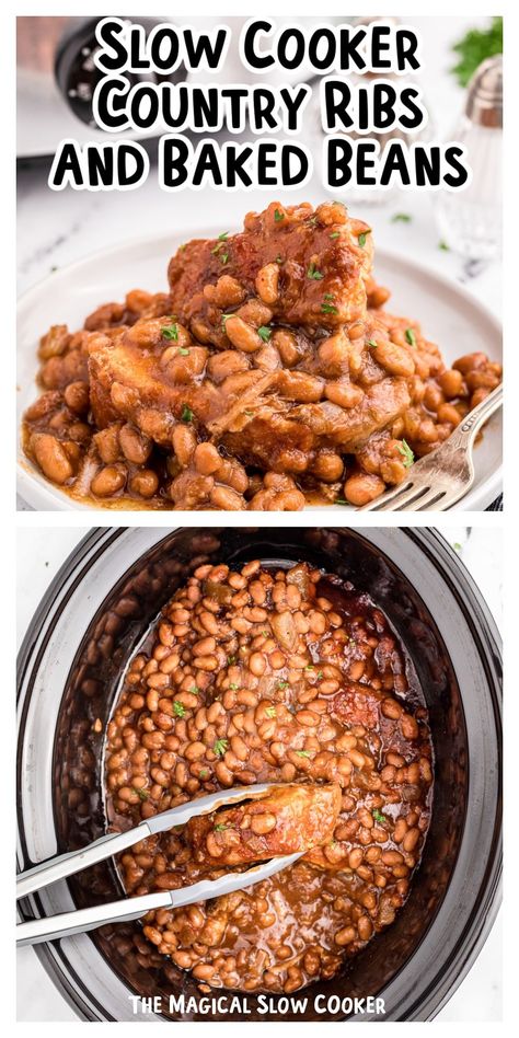 Slow Cooker Country Style Ribs and Baked Beans bring together the best of both worlds. Pork ribs are slowly cooked in barbecue sauce with a sweet and tangy bean mixture for a one-pot meal every family loves. Crock Pot Country Style Ribs, Slow Cooker Country Style Pork Ribs, Crockpot Country Style Pork Ribs, Slow Cooker Country Ribs, Boneless Pork Ribs Crockpot, Crockpot Country Style Ribs, Country Style Pork Ribs Crock Pot, Slow Cooker Country Style Ribs, Crockpot Pork Ribs