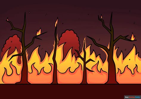 Learn How to Draw a Forest Fire: Easy Step-by-Step Drawing Tutorial for Kids and Beginners. See the full tutorial at https://easydrawingguides.com/how-to-draw-a-forest-fire/ . Fire Simple Drawing, Simple Fire Drawing, Tree On Fire Drawing, How To Draw Forest, Easy Fire Drawing, Fire Drawing Tutorial, Fire Drawing Easy, Forest Fire Drawing, Burning Forest Drawing