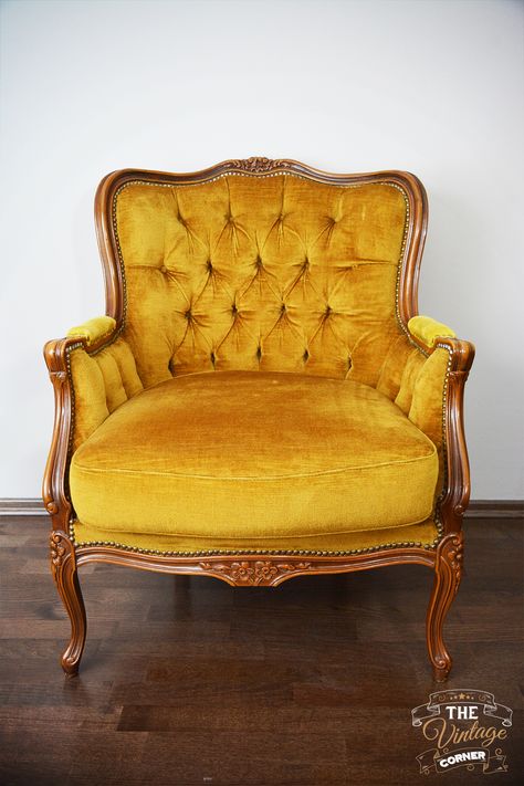 Vintage Velvet Chairs, Orange Accent Chair, Antique Couch, Yellow Accent Chairs, Big Comfy Chair, Victorian Room, Yellow Armchair, Vintage Couch, Orange Chair