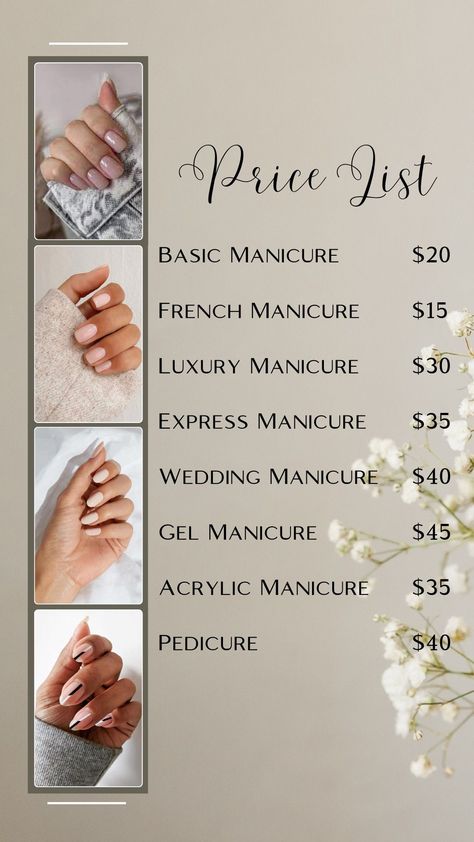 Price List Background Design, Price List Template Design, Beauty Bar Ideas, Nail Salon Prices, Price List Design, Salon Price List, Wedding Manicure, Nail Salon Decor, Nail Salon Design