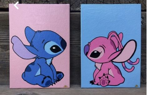 Cartoon Painting Ideas On Canvas Easy, Stitch Disney Canvas Painting, Two Matching Canvas Paintings, Couple Painting Ideas 2 Canvas, Painting Ideas On Canvas Aesthetic Love, Stitch And Angel Canvas Painting, Stitch Couple Painting, Cute Matching Painting Ideas, Mini Canvas Art Matching