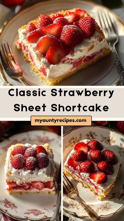 Our Strawberry Shortcake Sheet Cake is the perfect dessert for parties! This easy-to-make sheet cake features layers of fluffy cake, fresh strawberries, and a generous topping of whipped cream. Ideal for summer celebrations, it’s a crowd-pleaser that’s light, refreshing, and irresistibly sweet. Prepare ahead for easy serving at your next event! Strawberry Shortcake For A Crowd, Strawberry Shortcake Sheet Cake, Shortcake Sheet Cake, Strawberry Whipped Cream Cake, Strawberry Sheet Cakes, Strawberries And Whipped Cream, Strawberry Shortcake Recipe, Strawberry Things, Strawberry Shortcake Cake