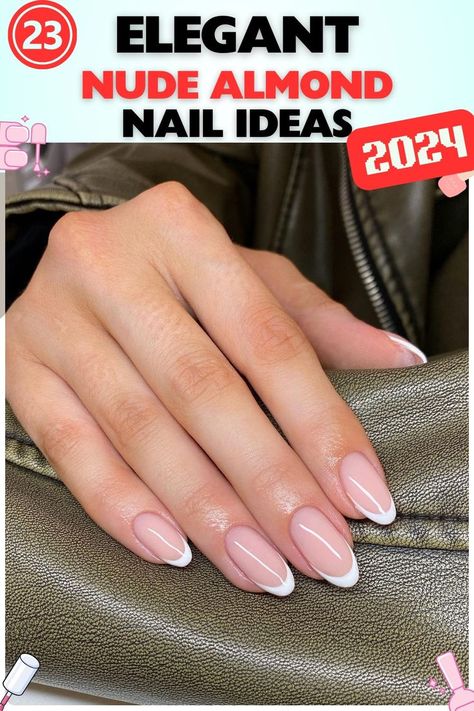 Classic nude almond nails with white tips, made with gel material. Medium length and glossy finish, perfect for professional and stylish looks. Suitable for formal occasions or everyday wear. Possible search terms: glossy nude almond nails, French manicure. Neutral Almond Nail, Nails With White Tips, Nude Almond Nails, Almond Nail Ideas, Wedding Day Nails, Almond Nails French, White Tip Nails, Almond Nail, White Tip