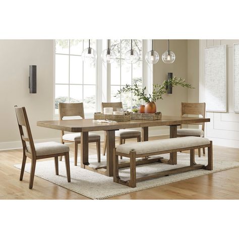 Millennium By Ashley Cabalyn Dining Set 6 Pc. | Dining Sets | Furniture & Appliances | Shop The Exchange Light Brown Dining Table, Brown Dining Room, Modern Lodge, Brown Dining Table, Round Tables, Dining Table With Bench, Dining Room Set, Ashley Furniture, Kitchen Designs